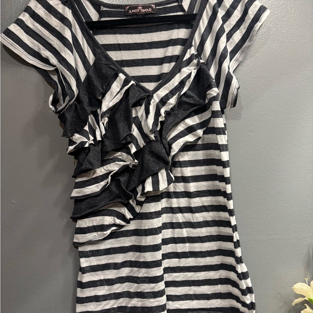 Almost Famous Gray White Striped Ruffle Semi Sheer Lightweight Layering Office